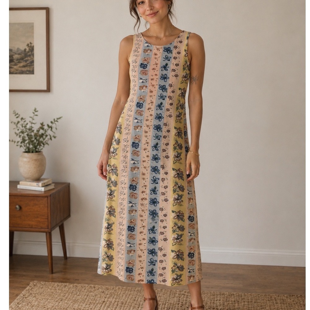 MPH Collection Linen Blend Floral Stripe‎  Midi Dress Blue Yellow vtg y2k M q3